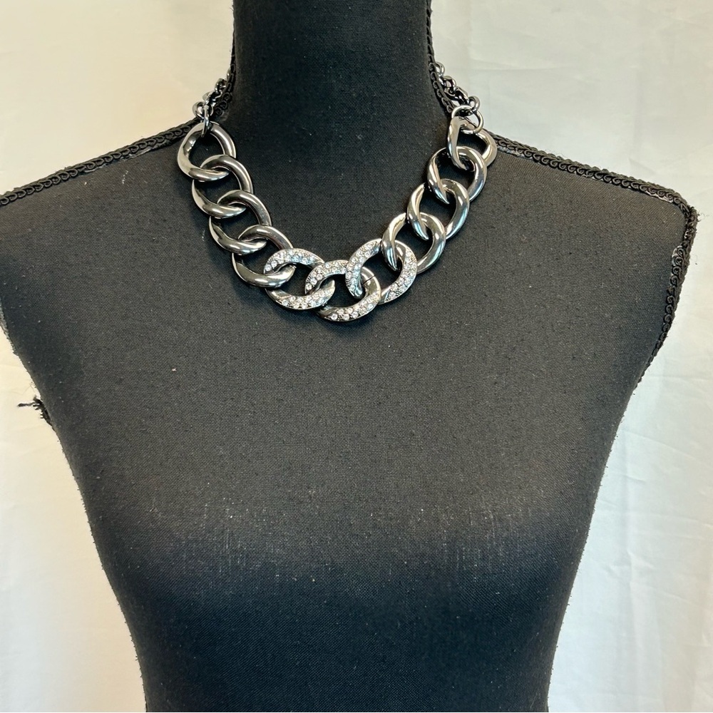 R.J. Graziano Gunmetal Silver tone Chrome chain link chunky necklace rhinestone - Picture 4 of 8